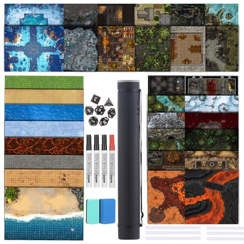 sabermaster DND Map 32 Terrain 24 x 3617 x 1713 x 17 Double Sidedv Grids Dry Erase Battle Mats for Dungeons Dragons Game with Dice SetClipsEraserMarkers - Image 1
