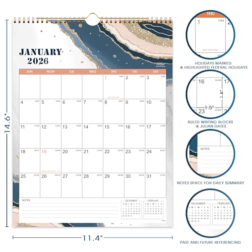 Artfan 2026 Wall Calendar - JAN 2026 - DEC 2026, 12 Monthly Calendar, 2026 Calendar with Thick Paper, 12" x 15", Twin-Wire Binding + Hanging Hook + Large Blocks with Julian Dates - Sand - Image 4