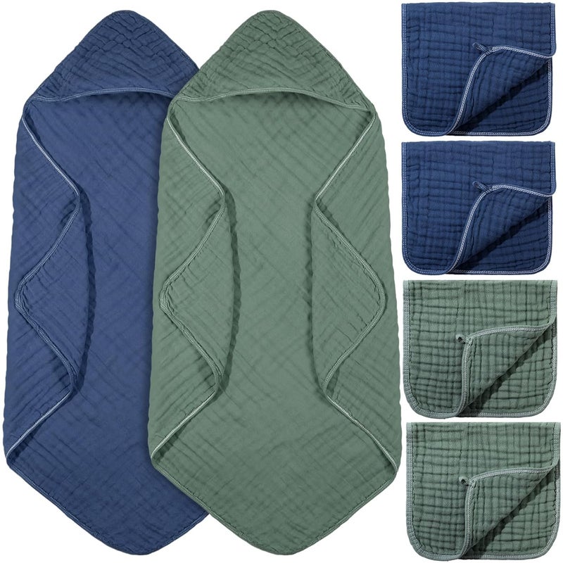 VitalCozy 6 قطع من مناشف الاستحمام القطنية للأطفال بغطاء رأس وقطع قماش 32 × 32 بوصة بطانيات ماصة للهدايا للأطفال حديثي الولادة باللون الأخضر والأزرق - Image 1