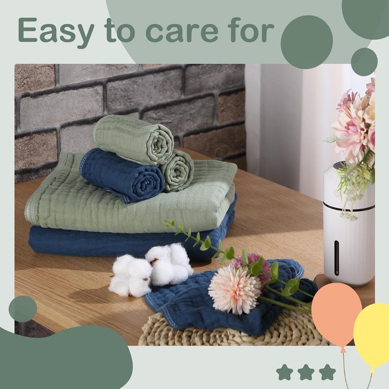 VitalCozy 6 قطع من مناشف الاستحمام القطنية للأطفال بغطاء رأس وقطع قماش 32 × 32 بوصة بطانيات ماصة للهدايا للأطفال حديثي الولادة باللون الأخضر والأزرق - Image 5
