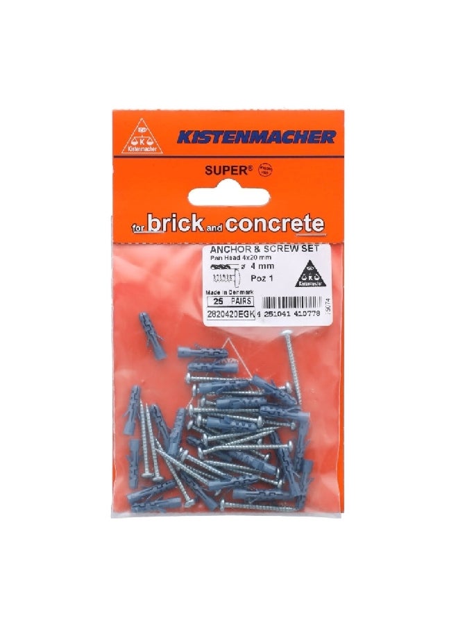 25-Piece Strong and Reliable Anchor and Screw Set Silver and Grey 4 x 20 mm 2820420/EGK