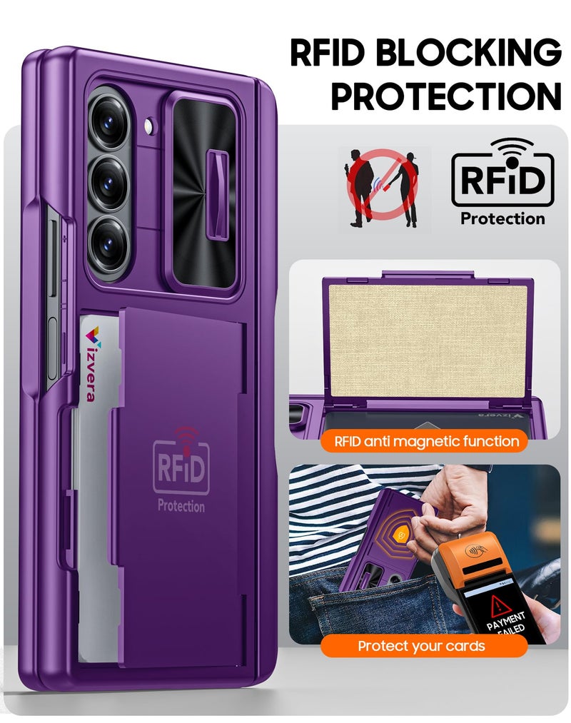 Vizvera for Samsung Galaxy Z Fold 6 Case RFID Wallet with Cards Holder [S Pen Holder] [Camera Cover] Shockproof Silicone Protective Phone Case for Z Fold 6 2024-Purple - Image 4