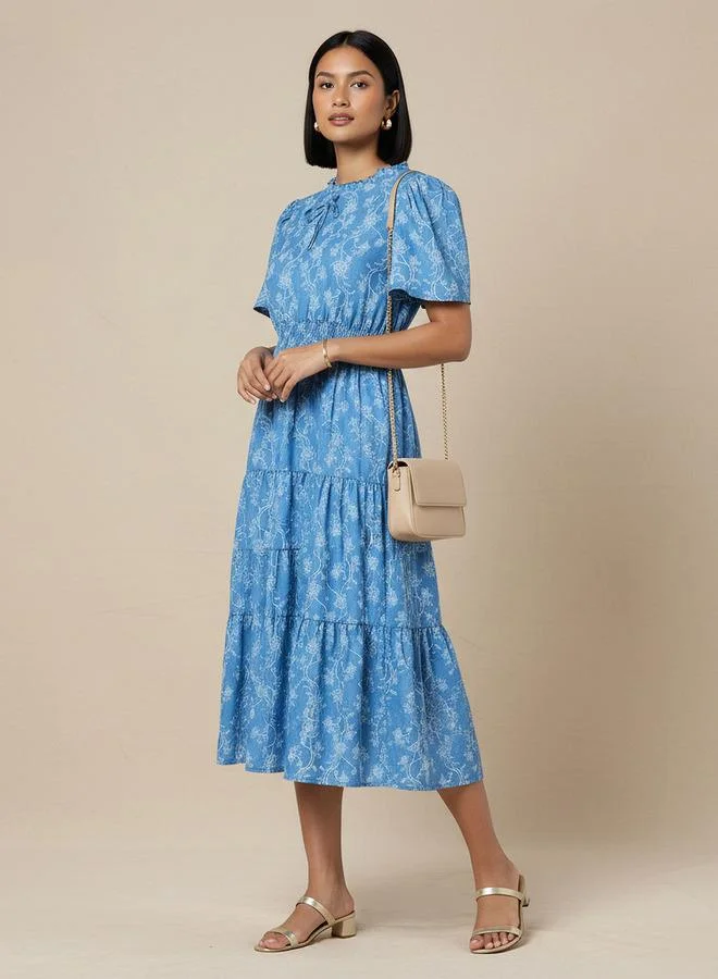Splash FAV Tiered Midi Denim Dress with Flutter Sleeves