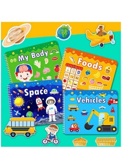 KASTWAVE 4 Pack DIY Quiet Book for Toddlers, Montessori Busy Book for Kids, Vehicle Space Body Food Preschool Learning Activities Learning & Education Toys  - Image 1