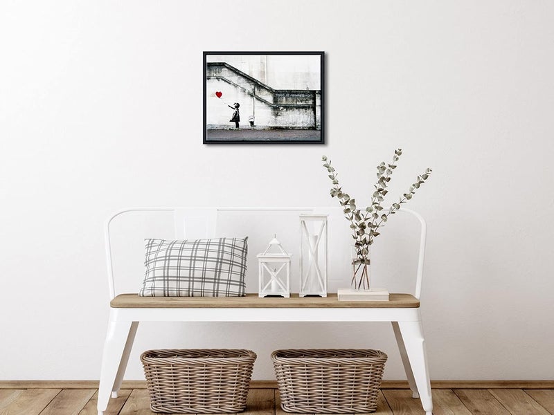Pyradecor Black Framed Banksy Grafitti Girl with Red Balloon Grey Love Pictures Paintings Canvas Prints Artwork - Image 2