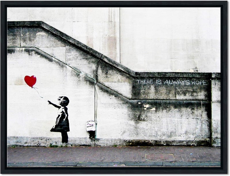 Pyradecor Black Framed Banksy Grafitti Girl with Red Balloon Grey Love Pictures Paintings Canvas Prints Artwork - Image 1