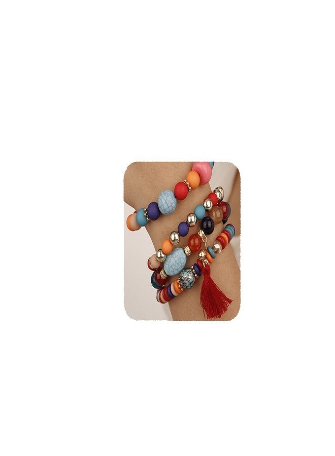 يرتير مجموعة YERTTER من 4 أساور عتيقة ملونة مزينة بخرز دائري، قابلة للتكديس، بتصميمات عرقية، مع شرابة، وسوار مطاطي، وإكسسوارات بوهيمية للعطلات للنساء (ملونة). - Image 1