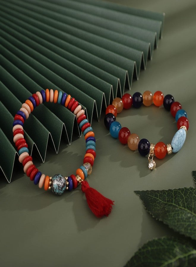 يرتير مجموعة YERTTER من 4 أساور عتيقة ملونة مزينة بخرز دائري، قابلة للتكديس، بتصميمات عرقية، مع شرابة، وسوار مطاطي، وإكسسوارات بوهيمية للعطلات للنساء (ملونة). - Image 5