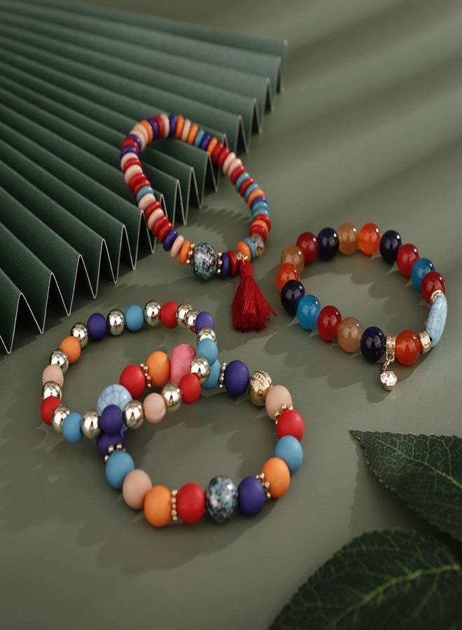 يرتير مجموعة YERTTER من 4 أساور عتيقة ملونة مزينة بخرز دائري، قابلة للتكديس، بتصميمات عرقية، مع شرابة، وسوار مطاطي، وإكسسوارات بوهيمية للعطلات للنساء (ملونة). - Image 4