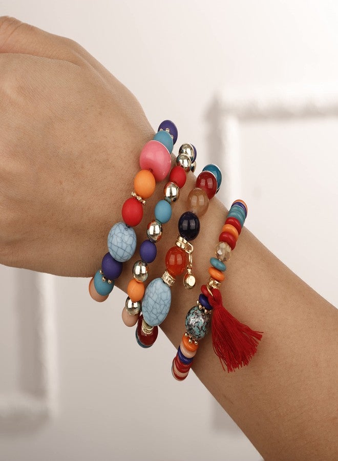 يرتير مجموعة YERTTER من 4 أساور عتيقة ملونة مزينة بخرز دائري، قابلة للتكديس، بتصميمات عرقية، مع شرابة، وسوار مطاطي، وإكسسوارات بوهيمية للعطلات للنساء (ملونة). - Image 2