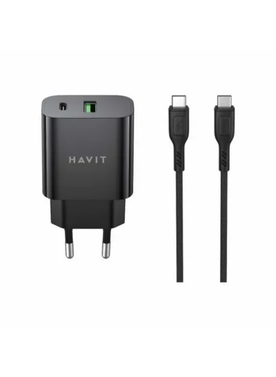 صفقة هافيت شاحن حائط سريع HAVIT ST925 بقوة 20 واط بتقنية PD مع مخرج مزدوج USB-C و USB-A وكابل USB-C إلى Lightning بطول 1 متر على Noon EG