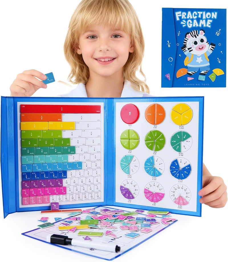 TINYLENS Magnetic Fraction Book with Magnetic Fraction Tiles & Circles, STEM Magnetic Math Master Set, Montessori Fraction Manipulatives Puzzle for Kids, Homeschool Essentials (Zebra) - Image 1