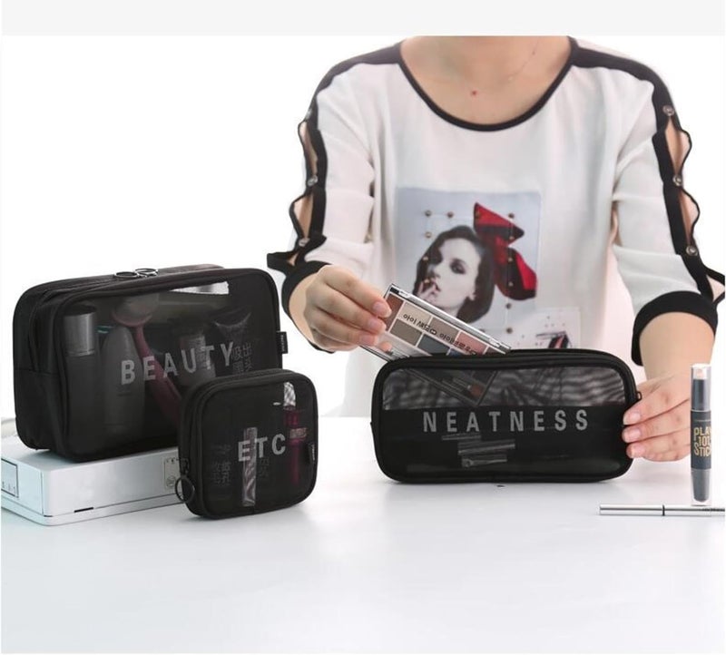 JUGTE Cosmetic Organizer Bag Mesh Makeup Pouch for Women Travel Toiletry Bag for Cosmetics Brushes Accessories Zippered Portable Carry Pouch Set of 3 - Image 3