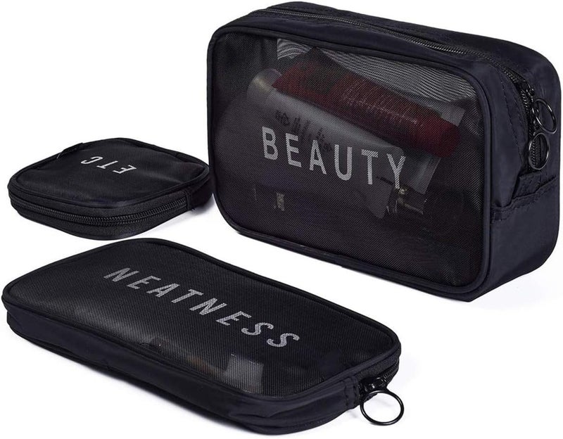 JUGTE Cosmetic Organizer Bag Mesh Makeup Pouch for Women Travel Toiletry Bag for Cosmetics Brushes Accessories Zippered Portable Carry Pouch Set of 3 - Image 1