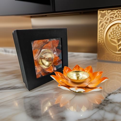 EIN SOF Brass Lotus Diyas for Home Decoration – 5 inches Medium Size Puja Akhand Diya , Decorative Diwali & Christmas Festival Item with Gift Box , Orange Flower - Image 5
