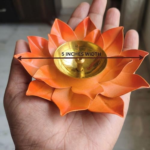 EIN SOF Brass Lotus Diyas for Home Decoration – 5 inches Medium Size Puja Akhand Diya , Decorative Diwali & Christmas Festival Item with Gift Box , Orange Flower - Image 4