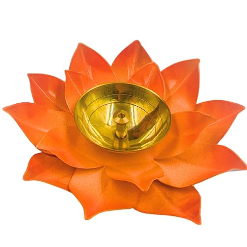 EIN SOF Brass Lotus Diyas for Home Decoration – 5 inches Medium Size Puja Akhand Diya , Decorative Diwali & Christmas Festival Item with Gift Box , Orange Flower - Image 1