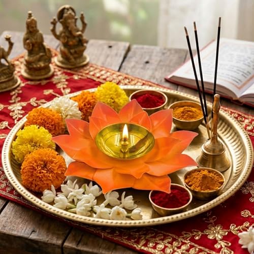 EIN SOF Brass Lotus Diyas for Home Decoration – 5 inches Medium Size Puja Akhand Diya , Decorative Diwali & Christmas Festival Item with Gift Box , Orange Flower - Image 2