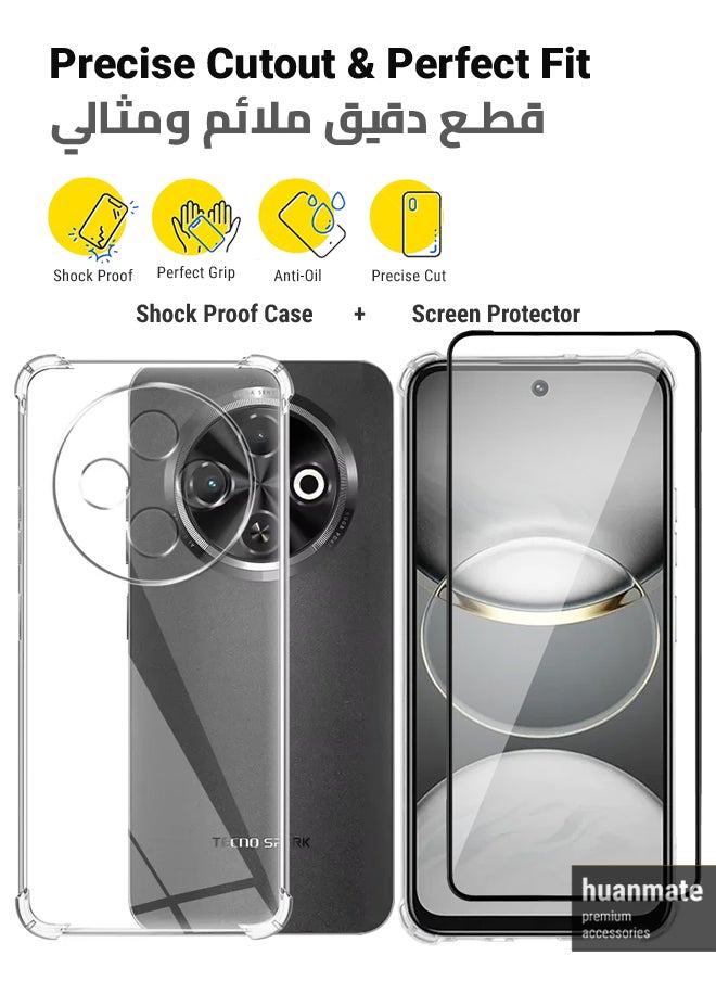 2 in 1 Tecno Spark 30C 4G Protection Pack - Ultra Clear Shockproof Case & Edge-to-Edge Screen Protector, 360 Degree Protection, Back Cover & Screen Protector for Tecno Spark 30C 4G