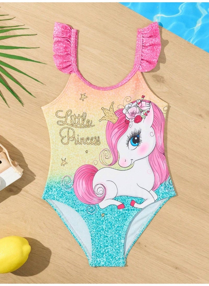SHEIN Young Girls' Cartoon Unicorn Position Printed One-Piece Swimsuit - Image 1