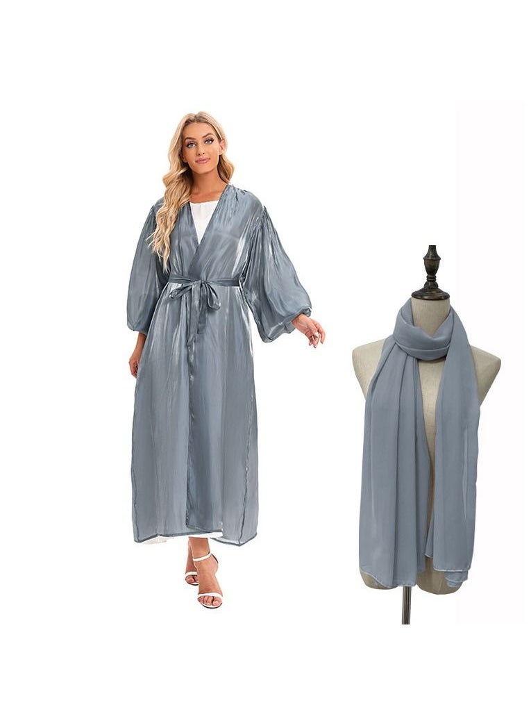Loquat Puff Sleeve Cardigan Long Sleeve Abaya with Hijab 