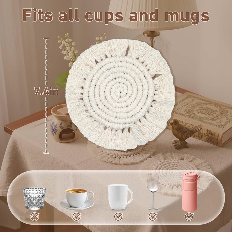 Coomin 7.4in Boho Coasters for Drinks, Handmade Woven Absorbent Coasters for Desk, Farmhouse Cute Coaster for Mugs Cups - Gifts for Women, Beige - Image 2
