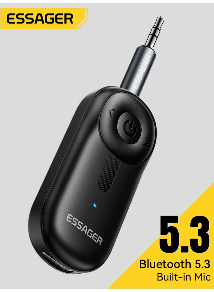 ESSAGER Bluetooth 5.3 Audio Receiver, 3.5mm AUX Adapter for Car and Home Stereo, 14-Hour Battery, Clip-on Portable Design (Black) - Image 1
