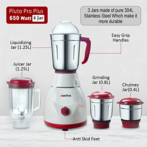 Activa Pluto 4 Jar 650 Watts Mixer Grinder (ABS BODY) comes with 2 year warranty - Image 2