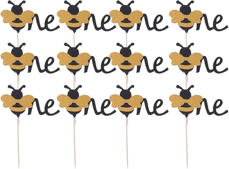 12 Pcs Bee Theme Birthday Cake Topper Decorations Non Edible Cupcake Picks For Party - Image 1
