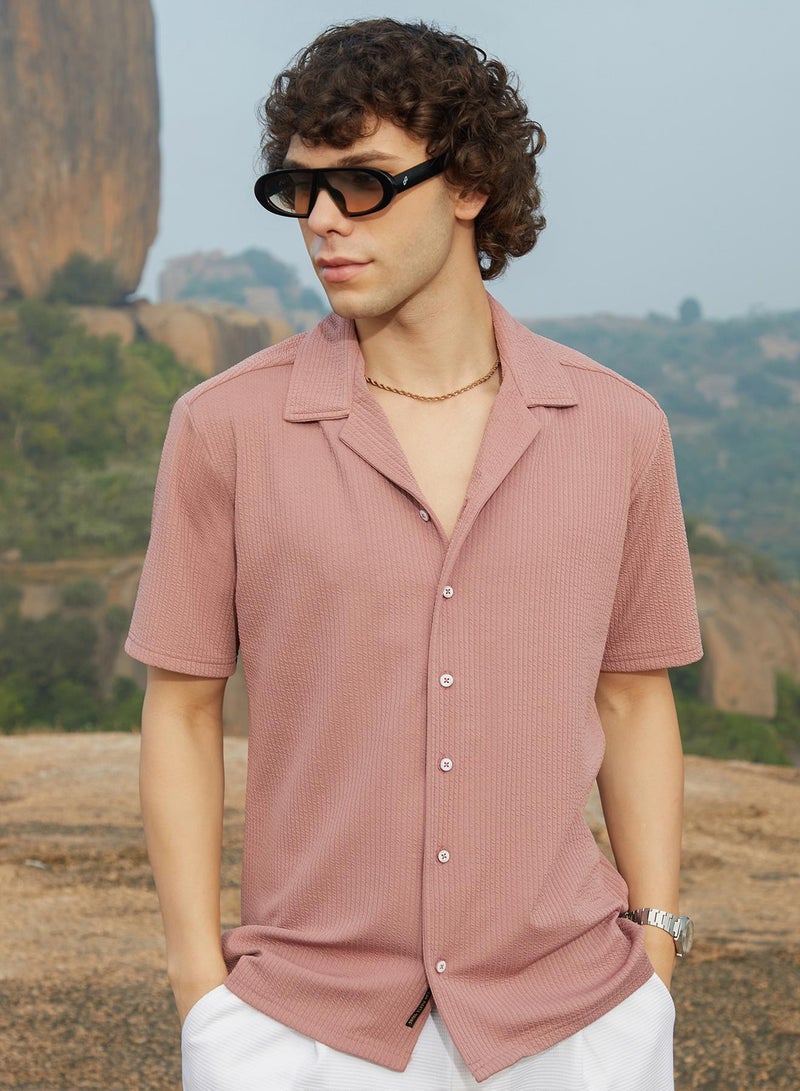 Campus Sutra Men's Nude Pink Rope-Ribbed Shirt - Image 1