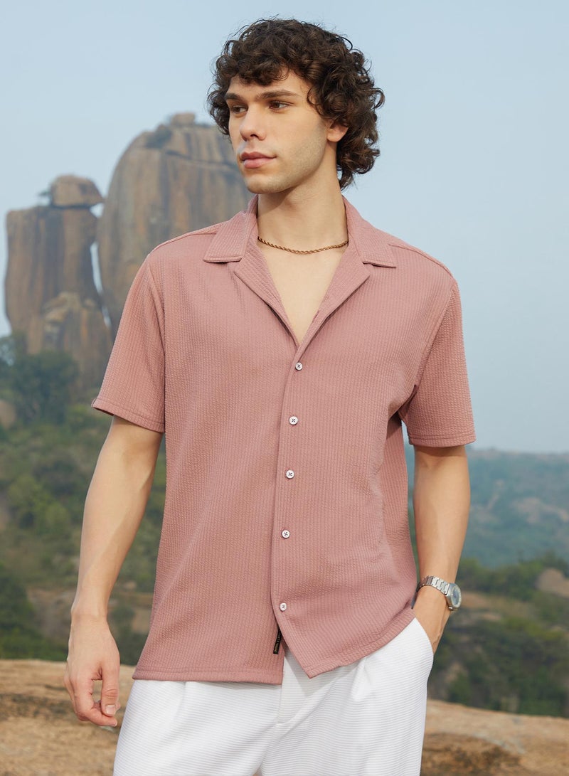Campus Sutra Men's Nude Pink Rope-Ribbed Shirt - Image 2