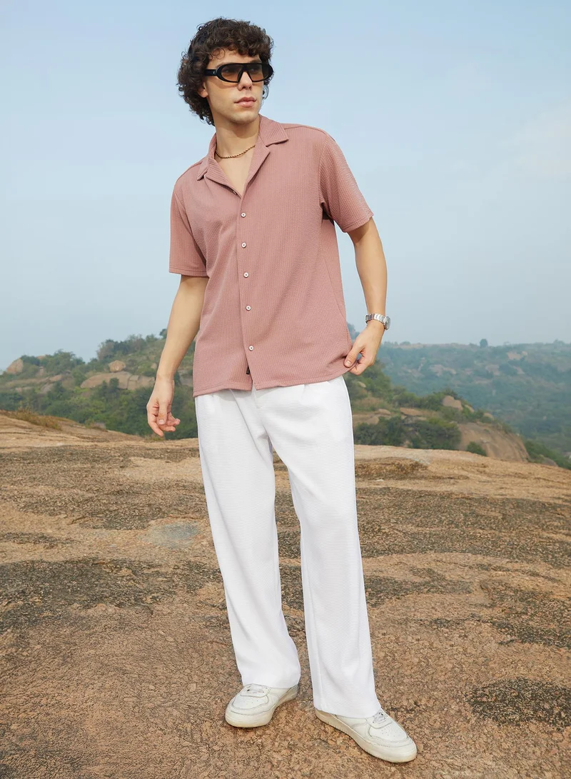 Campus Sutra Men's Nude Pink Rope-Ribbed Shirt