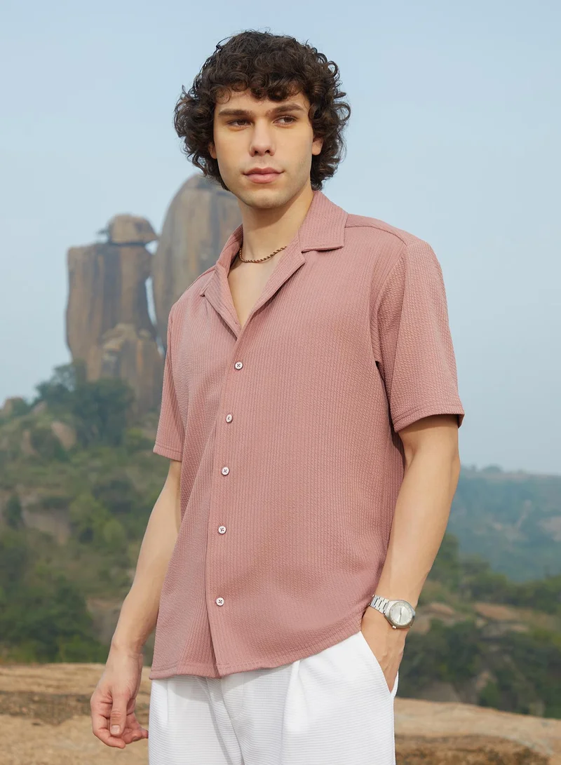 Campus Sutra Men's Nude Pink Rope-Ribbed Shirt
