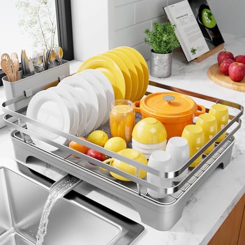 Kitsure Dish Drying Rack MultiFunctional Dish Rack for Kitchen Counter with Cutlery Holder RustProof Storage Solution with Rotatable 157 x 120 x 55 Sliver Grey - Image 1