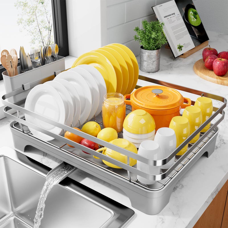 Kitsure Dish Drying Rack MultiFunctional Dish Rack for Kitchen Counter with Cutlery Holder RustProof Storage Solution with Rotatable 157 x 120 x 55 Sliver Grey - Image 2