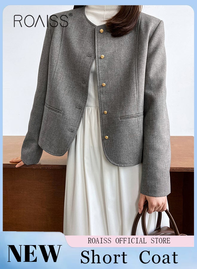 roaiss Women's Solid Color Blazer Premium Cropped Long Sleeve Blazer Women's Slim Work Office Blazer Round Neck Jacket Single-breasted Multi-button Long-sleeved Sweater Jacket - Image 2