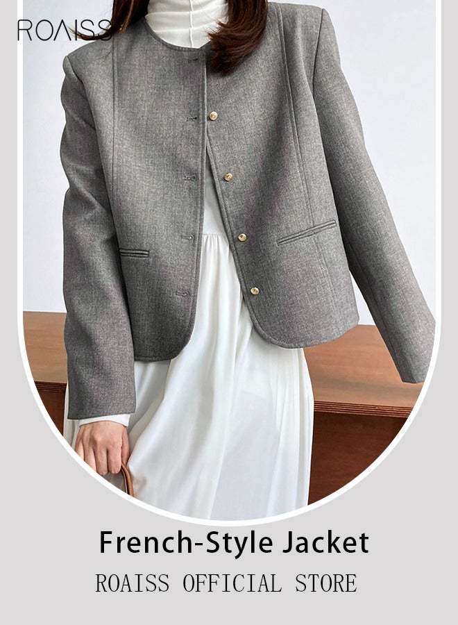 roaiss Women's Solid Color Blazer Premium Cropped Long Sleeve Blazer Women's Slim Work Office Blazer Round Neck Jacket Single-breasted Multi-button Long-sleeved Sweater Jacket - Image 5