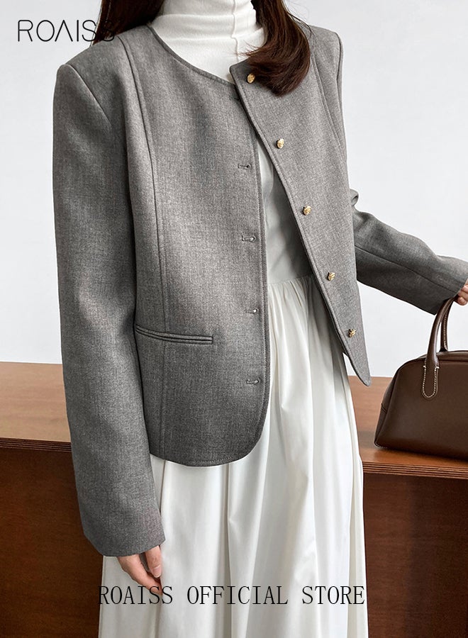 roaiss Women's Solid Color Blazer Premium Cropped Long Sleeve Blazer Women's Slim Work Office Blazer Round Neck Jacket Single-breasted Multi-button Long-sleeved Sweater Jacket - Image 4