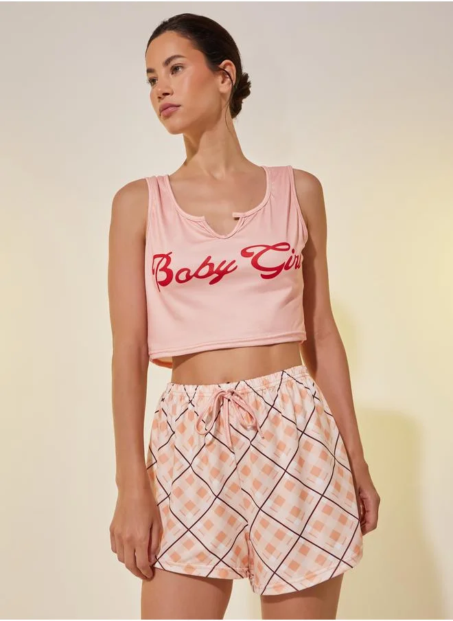 تايك تو Take Two Text Print Cropped Cami and Shorts Pyjama Set