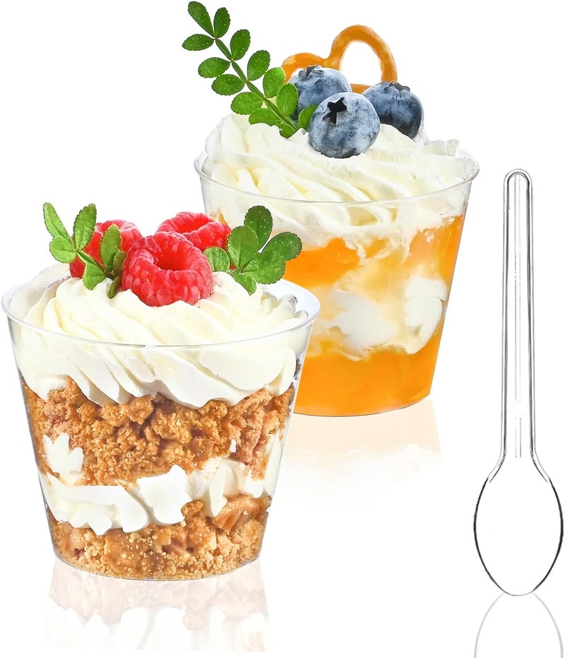 TOFLEN 50 Pack 5 oz Mini Dessert Cups with Spoons Round Cake Cups Party Serving Cups for Parfait Appetizers Cocktails Dessert Shooters  Dessert Shot Glasses - Image 1