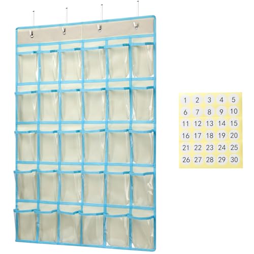 KEEPJOY Classroom Pocket Charts for Cell Phone Calculator Holders, Pocket Organizer for Cell phone Jail with 30 Clear Pockets chart Size 33.5 x 24.5 Inch Classroom Pocket Storage (Beige-30pockets) - Image 1