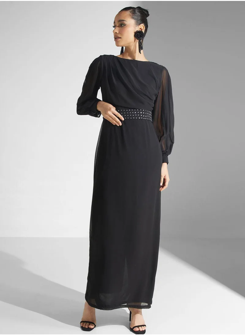 Golden Apple Puff Sleeve Belted Dress