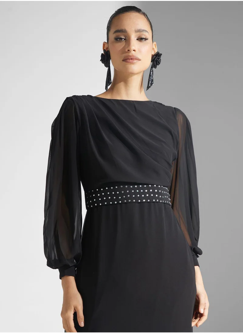 Golden Apple Puff Sleeve Belted Dress