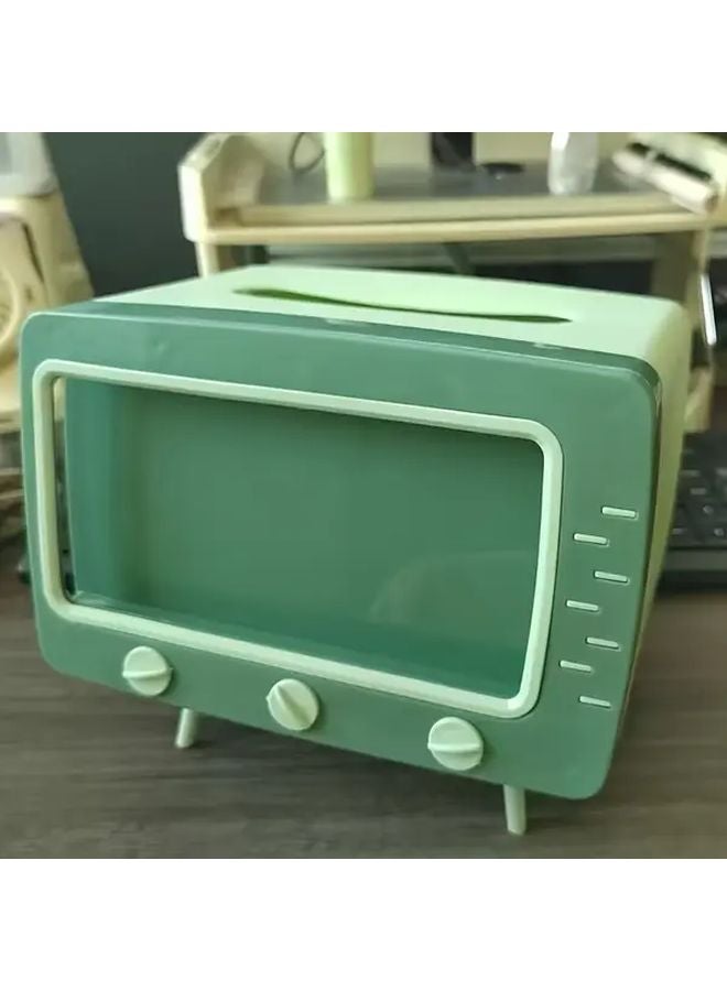 حامل علبة المناديل على شكل تلفزيون قديم مع حامل هاتف - موزع بلاستيكي أخضر - Image 1