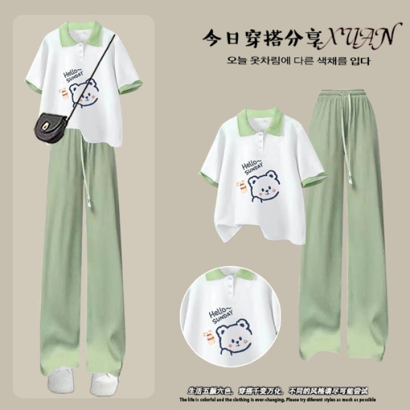 Girls Summer Fashion Set 2024 Korean Polo Top  Silk Pants Green pants white Polo bear