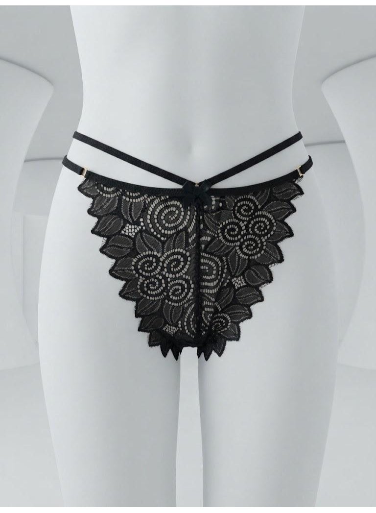 Classic Black Cross-Strap Floral Lace Thong