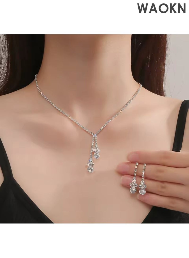 WAOKN 3Piece Jewelry Set of Necklace and Earrings bracelet , Shiny Round Diamond Chic Rhinestone Decor Jewellery Set , suitable for Women Ladies Gift for Girlfriend Wife Mother Bridesmaids Wedding Party Accessories . - Image 5