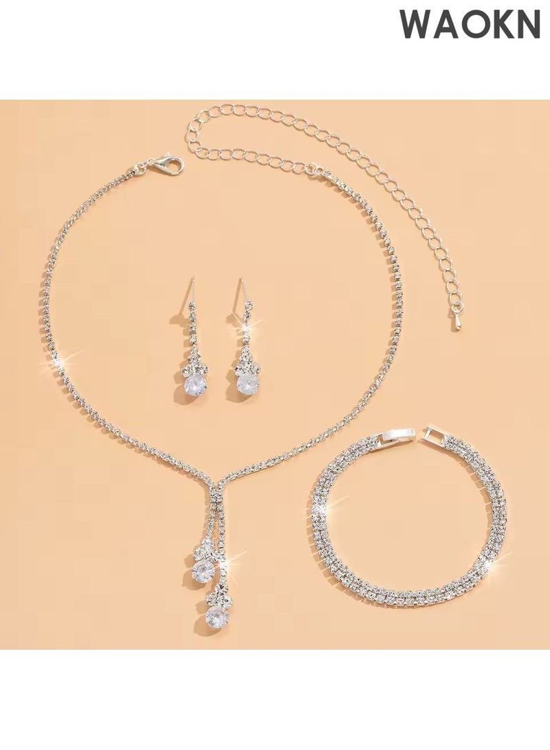 WAOKN 3Piece Jewelry Set of Necklace and Earrings bracelet , Shiny Round Diamond Chic Rhinestone Decor Jewellery Set , suitable for Women Ladies Gift for Girlfriend Wife Mother Bridesmaids Wedding Party Accessories . - Image 4