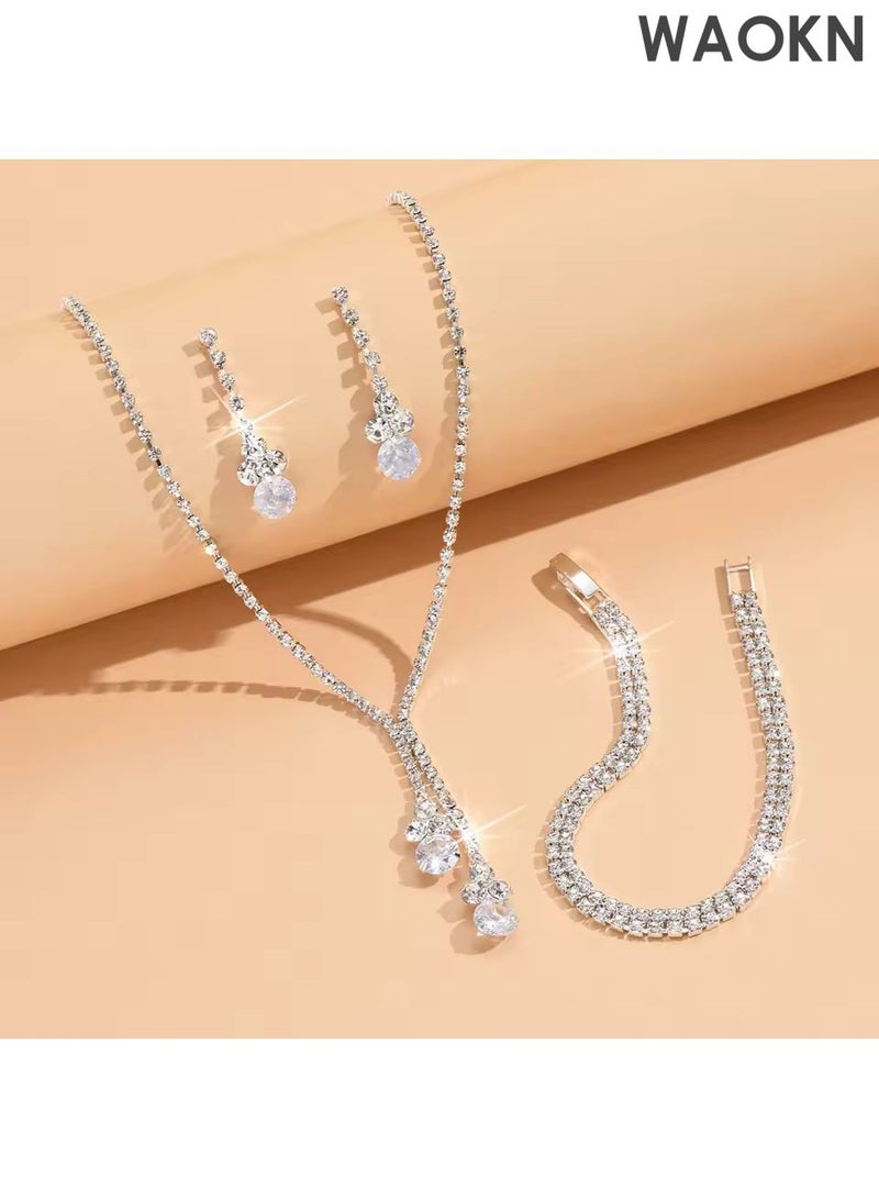 WAOKN 3Piece Jewelry Set of Necklace and Earrings bracelet , Shiny Round Diamond Chic Rhinestone Decor Jewellery Set , suitable for Women Ladies Gift for Girlfriend Wife Mother Bridesmaids Wedding Party Accessories . - Image 3