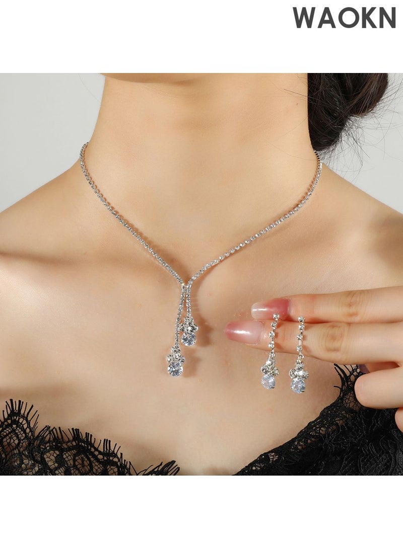 WAOKN 3Piece Jewelry Set of Necklace and Earrings bracelet , Shiny Round Diamond Chic Rhinestone Decor Jewellery Set , suitable for Women Ladies Gift for Girlfriend Wife Mother Bridesmaids Wedding Party Accessories . - Image 2
